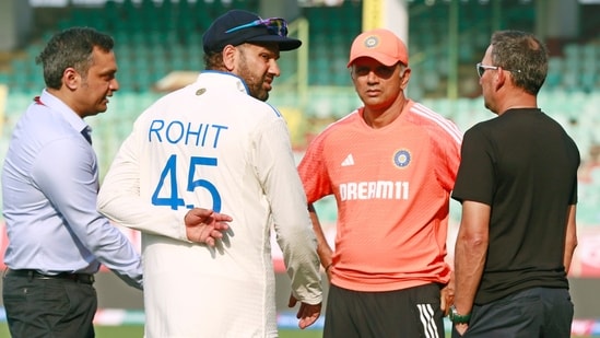 India's captain Rohit Sharma (2nd from left), coach Rahul Dravid (centre) and BCCI chief selector Ajit Agarkar(ANI)