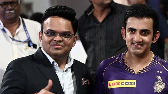 Jay Shah (L), secretary of the Board of Control for Cricket in India (BCCI) poses next to Kolkata Knight Riders' team mentor Gautam Gambhir(AFP)