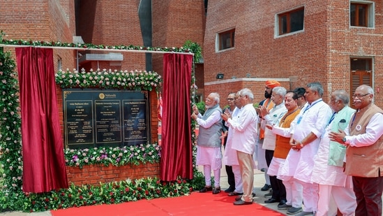 Prime Minister Narendra Modi inaugurates the new campus of Nalanda University in Bihar on Wednesday. Bihar CM Nitish Kumar, EAM Dr S Jaishankar and others also seen. (ANI)