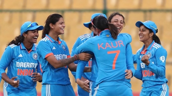 India Women's captain Harmanpreet Kaur and Vice-Captain Smriti Mandhana celebrate the dismissal of South Africa Women's Sune Luus during the 2nd ODI, at M.Chinnaswamy Stadium in Bengaluru on Wednesday(BCCIWomen - X)