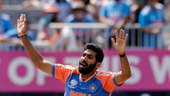 India's Jasprit Bumrah reacts after bowling a delivery(PTI)