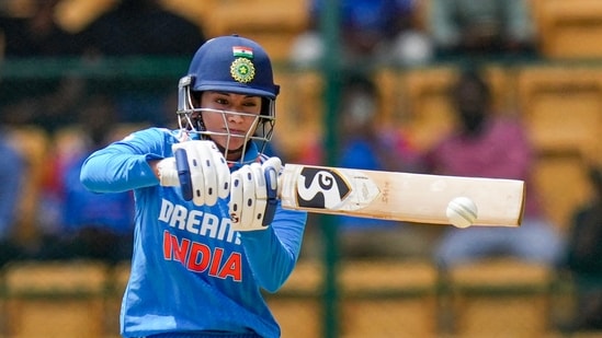 Indian batter Smriti Mandhana plays a shot during the second women's ODI cricket match between India and South Africa at M Chinnaswamy Stadium(PTI)