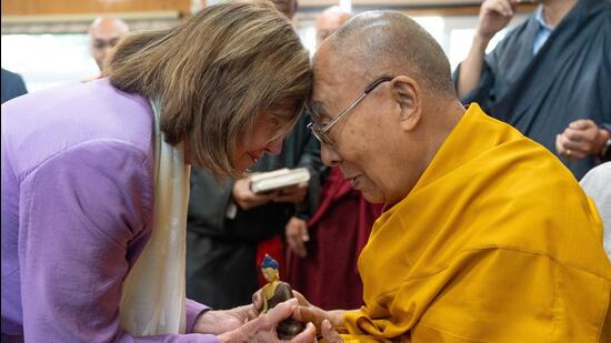 Tibetan spiritual leader, the Dalai Lama exchanges greetings with former US House Speaker Nancy Pelosi during their meeting at Dharamshala, Himachal Pradesh, on India. (REUTERS)