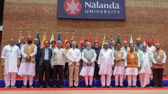 Prime Minister Narendra Modi in a group photo with Bihar CM Nitish Kumar, EAM Dr S Jaishankar and others during the inauguration of the new campus of Nalanda University in Bihar on Wednesday(ANI)