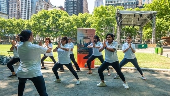 A yoga session at Bryant Park, New York, near the famous New York Public Library to observe the Internation Yoga Day(X/Indian in New York)
