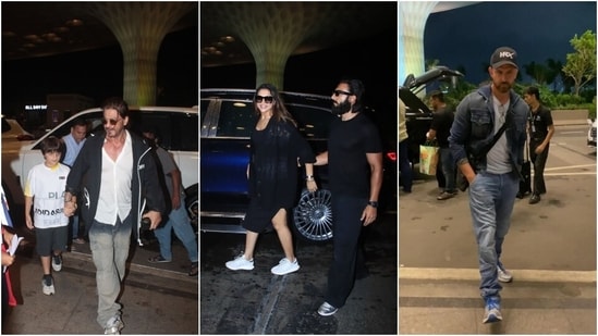 Mumbai International Airport was star-studded on Thursday morning as the A-listers of the Bollywood fraternity took off from the city in style. Shah Rukh Khan made a stylish entry at the airport with son AbRam Khan, while Deepika Padukone and Ranveer Singh gave us all kinds of couple goals as they twinned together. Hrithik Roshan walked into the airport with his son in a suave denim look. Interestingly, all the stars left Mumbai around the same time. Are they headed somewhere together? Only time can tell. For now, let's dissect their airport fashion. (HT Photos/Varinder Chawla)