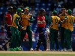South Africa saw off a late fightback from England powered by Harry Brook and Liam Livingstone as they defended a target of 164 and beat the reigning champions by seven runs at the Darren Sammy Stadium in St. Lucia. (AP)