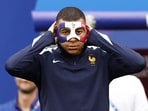 France's forward Kylian Mbappe dons a face mask after injuring his nose in the UEFA Euro 2024 match against Austria.(AFP)