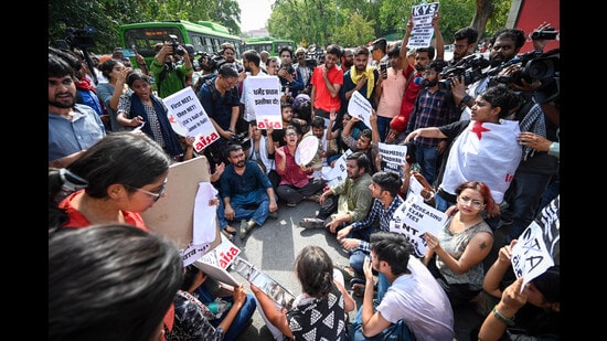 New Delhi, India - June 20, 2024: Students from various student organizations protest outside the Ministry of Education over the issues of NEET exam at Central Secretariat in New Delhi, India, on Thursday, June 20, 2024. (Photo by Sanchit Khanna/ Hindustan Times) (Hindustan Times)