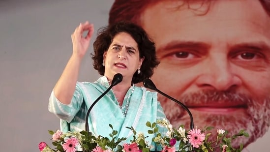 Congress leader Priyanka Gandhi during a public meeting in Rae Bareli, Uttar Pradesh.(PTI)