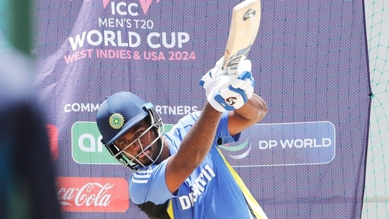 India's Sanju Samson during a practice session ahead of the Super 8 match against Bangladesh(Surjeet Yadav)
