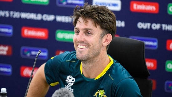 Mitchell Marsh of Australia speaks during a press conference.(AFP)