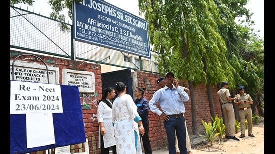 While a centre was set up at St Joseph’s Senior Secondary School in Sector 44, Chandigarh, and preparations were made, none of the two students showed up for the exam as the staff waited at the entrance. (HT Photo)