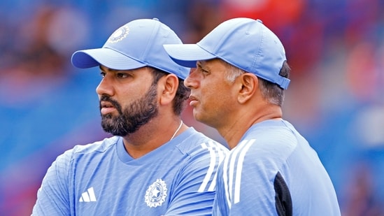 India's head coach Rahul Dravid and captain Rohit Sharma ahead ICC Mens T20 World Cup 2024 match against Australia(Surjeet Yadav)