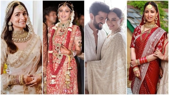 Sonakshi Sinha recently married Zaheer Iqbal, donning a dreamy, ethereal saree that created quite a buzz in the fashion world. However, she is not the first Bollywood bride to ditch traditional lehenga attire in favour of an elegant saree for the big day. Many other Bollywood brides have also tied the knot in six yards of grace. From Shilpa Shetty's traditional red saree adorned with crystals to Alia Bhatt's Sabyasachi beige saree exuding unmatched elegance, these Bollywood divas have redefined wedding fashion with their sophisticated saree looks.(Instagram)