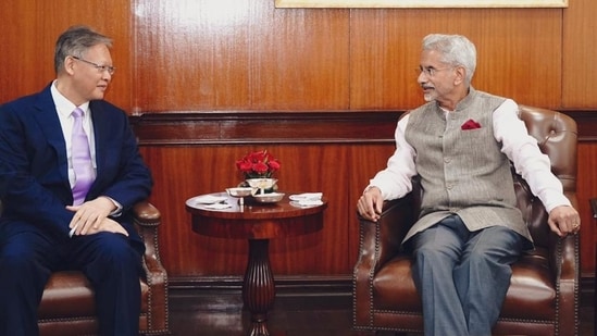 Chinese ambassador Xu Feihong called on external affairs minister S Jaishankar in New Delhi on Tuesday (PTI/VIA @DrSJaishankar)