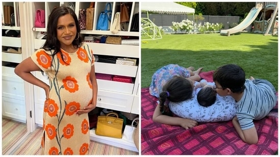 Mindy Kaling shared a glimpse of her children Katherine and Spencer with their baby sister along with a photo of her baby bump (left).
