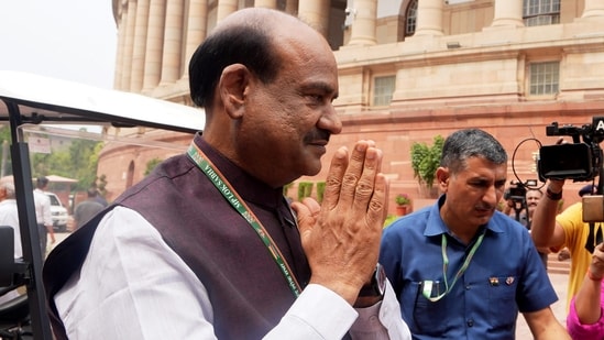 BJP MP Om Birla arrives at the Parliament House complex during the first session of the 18th Lok Sabha.(PTI)