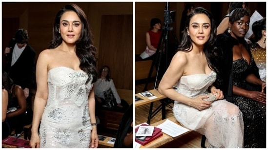 Preity Zinta poses for pictures ar Rahul Mishra's fashion show. (Pics: X/ WV - Media)