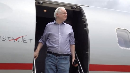 WikiLeaks founder Julian Assange disembarks from a plane at Bangkok Don Mueang International Airport, (Wikileaks via X via REUTERS)