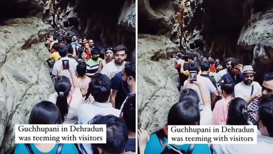 The image shows a crowd in Dehradun’s Gucchupani Cave. (Instagram/@Gucchupani)