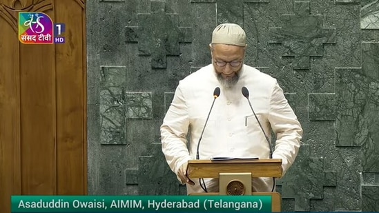 Lok Sabha: AIMIM president Asaduddin Owaisi takes oath as Hyderabad MP.
