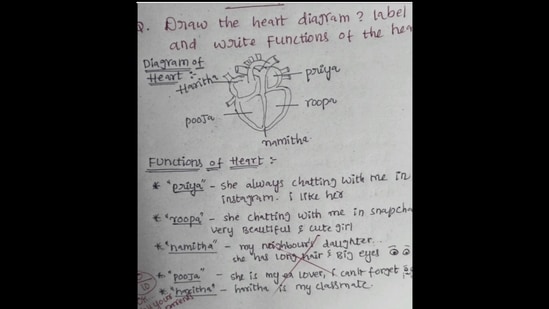 Viral: The student's heart diagram with the names of the girls he liked and loved. (Instagram/@_memes_connection)