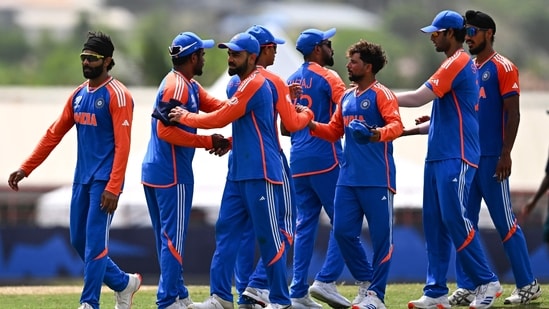 India players congratulate each other after defeating Australia in the T20 World Cup 2024 Super Eight cricket match. (AFP)