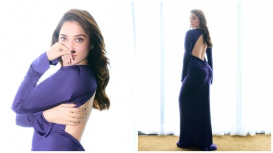 Tamannaah Bhatia flaunted her curves in a beautiful purple dress with a bare back and ruched details. She matched her nails to the outfit, which she wore to an event for Shisheido.