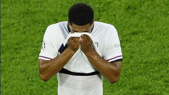 England's Jude Bellingham reacts during their Euro group match against Slovenia at Cologne Stadium on Tuesday. (REUTERS)