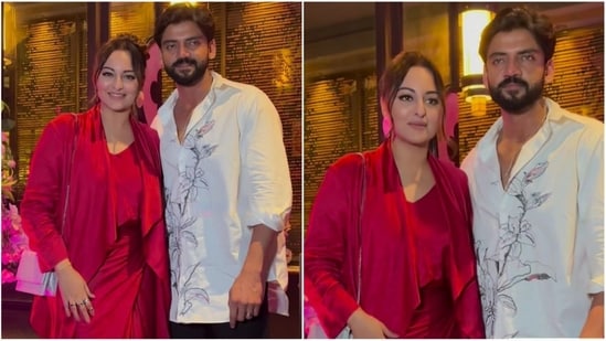 Sonakshi Sinha and Zaheer Iqbal wowed in stylish attire at a recent family dinner, setting a new standard for couple fashion.(Instagram/@manav.manglani)