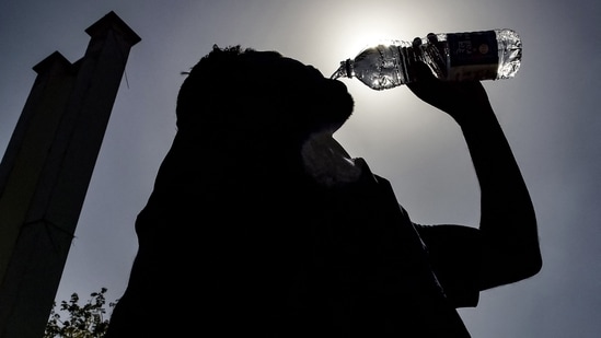 A passenger drinking water is silhouetted against the sun on a hot summer day at Jalandhar Cantonment railway station in Jalandhar on June 11, 2024 amid heatwave. Photo by Shammi MEHRA / AFP) (AFP)