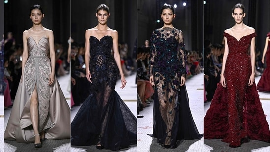This combination of pictures created on June 26, 2024 shows models present creations by Elie Saab during the Haute-Couture Fall/Winter 2024 show as part of the Paris Fashion Week, at le Musee des Arts Decoratifs. (Photo by JULIEN DE ROSA / AFP)
