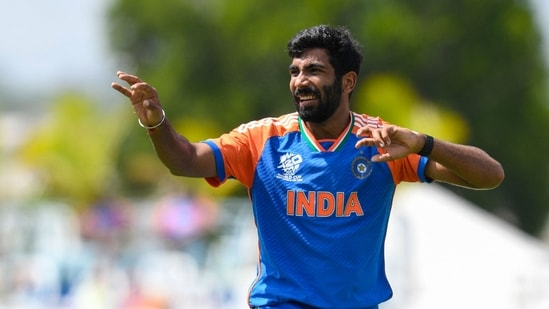 Jasprit Bumrah of India reacts during the ICC men's Twenty20 World Cup 2024 Super Eight cricket match between Afghanistan and India(AFP)