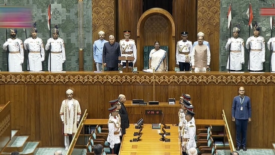 President Droupadi Murmu with Vice President Jagdeep Dhankhar and Lok Sabha Speaker Om Birla stands for the national anthem after her address to the joint sitting of Parliament, in New Delhi, Thursday, June 27, 2024.