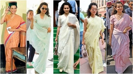 Kangana Ranaut's Parliamentary fashion diaries are all about rocking the six yards of grace with the utmost elegance. The actor-turned-politician knows how to remain in the headlines, whether it's for her controversial statements or stylish looks. Whenever she steps out, she makes sure to turn heads. From elegant chiffon sarees to opulent silk and Kanjeevaram, Kangana's looks are a treasure trove of ethnic fashion inspiration. Scroll down to check out her mesmerising saree looks and take some style notes.(PTI photo)