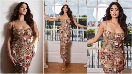 Janhvi Kapoor's Paris diaries are swoon-worthy, featuring exquisite gowns and red-carpet attire. The stunning actress recently made her runway debut for Rahul Mishra at Paris Haute Couture Week. After wowing in her show-stopping look featuring a black bralette and ruffle skirt ensemble, she effortlessly radiates glam vibes in a floral-studded bodycon gown that redefines sartorial elegance. Let's decode her breathtaking look and take some fashion notes.(Instagram/@stylebyami)