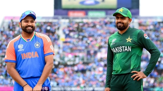 India's captain Rohit Sharma and Pakistan's captain Babar Azam during toss.(Pakistan Cricket - X)