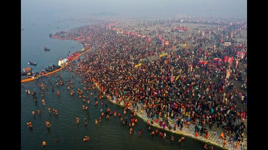 An aerial view shows devotees gathered at Sangam to take a holy dip (PTI File)