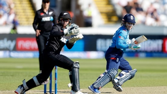 England's Tammy Beaumont in action as she hits four runs off the bowling of New Zealand's Fran Jonas Action (Action Images via Reuters)