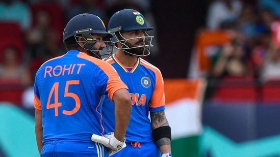Rohit Sharma (L) and Virat Kohli (R) of India during the ICC Men's T20 CWC 2nd Semi-Final match between England and India at Guyana