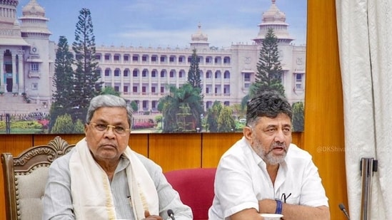 Deputy CM DK Shivakumar along with CM Siddaramaiah in a meeting in Bengaluru on Monday. (DK Shivakumar/x)