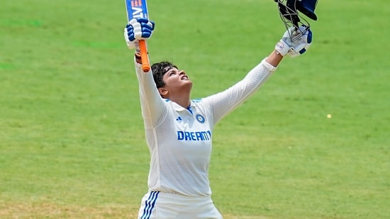 Shafali Verma celebrates during a one-off Test match between India and South Africa, at the MA Chidambaram Stadium(PTI)