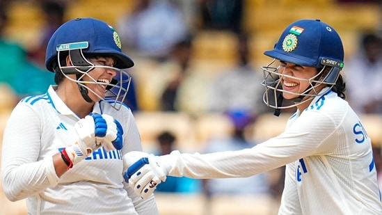 India Women's Smriti Mandhana and Shafali Verma during a one-off test cricket match between India and South Africa(PTI)