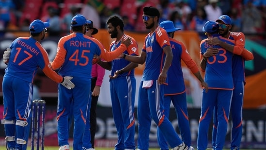 Team India players celebrate a wicket during T20 World Cup semi-final against England(AP)