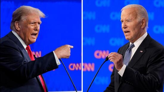 This combination of photos shows Republican presidential candidate former President Donald Trump, left, and President Joe Biden during a presidential debate hosted by CNN on June 27 (AP)