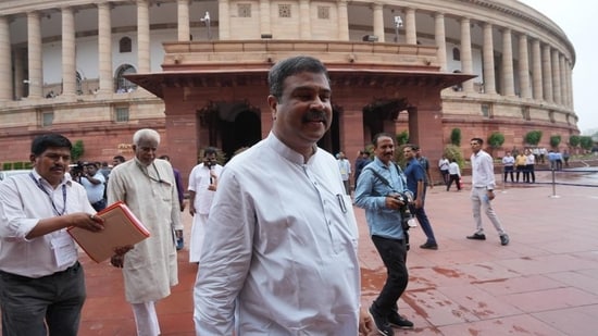 Union education minster Dharmendra Pradhan at the Parliament on Friday. (PTI Photo)