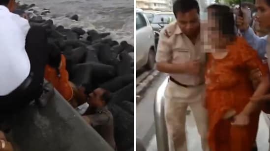 The image shows cops in Mumbai bringing the drowning woman to safety with the help of bystanders. (X/@MumbaiPolice)