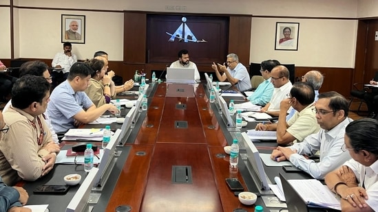 Union civil aviation minister Ram Mohan Naidu Kinjarapu during the high-level review meeting with key officials.