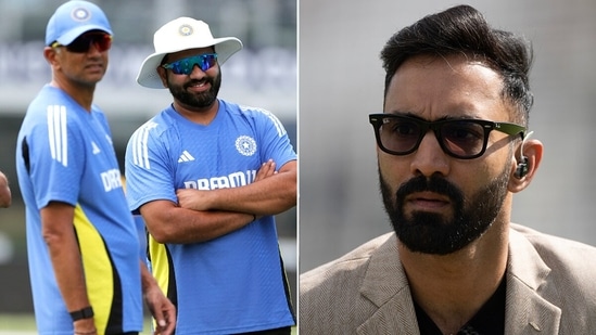 Dinesh Karthik (R) had a couple of special mentions for Rahul Dravid and Rohit Sharma.(AFP-Getty)